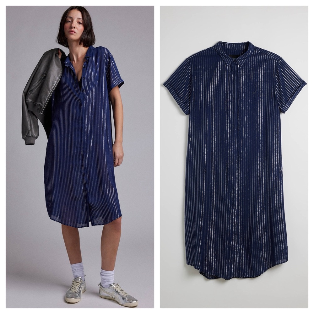 Wildfang Empower Pinstripe midi shirt dress blue silver stripe short sleeve M - Picture 2 of 16
